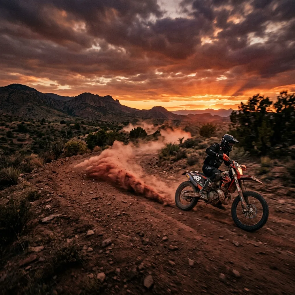 Motocicleta de Enduro en pista al atardecer